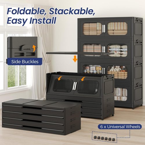 250GAL Extra Large Storage Bins - Stackable Collapsible Plastic Containers with Lid & Wheels | 5-Pack Black