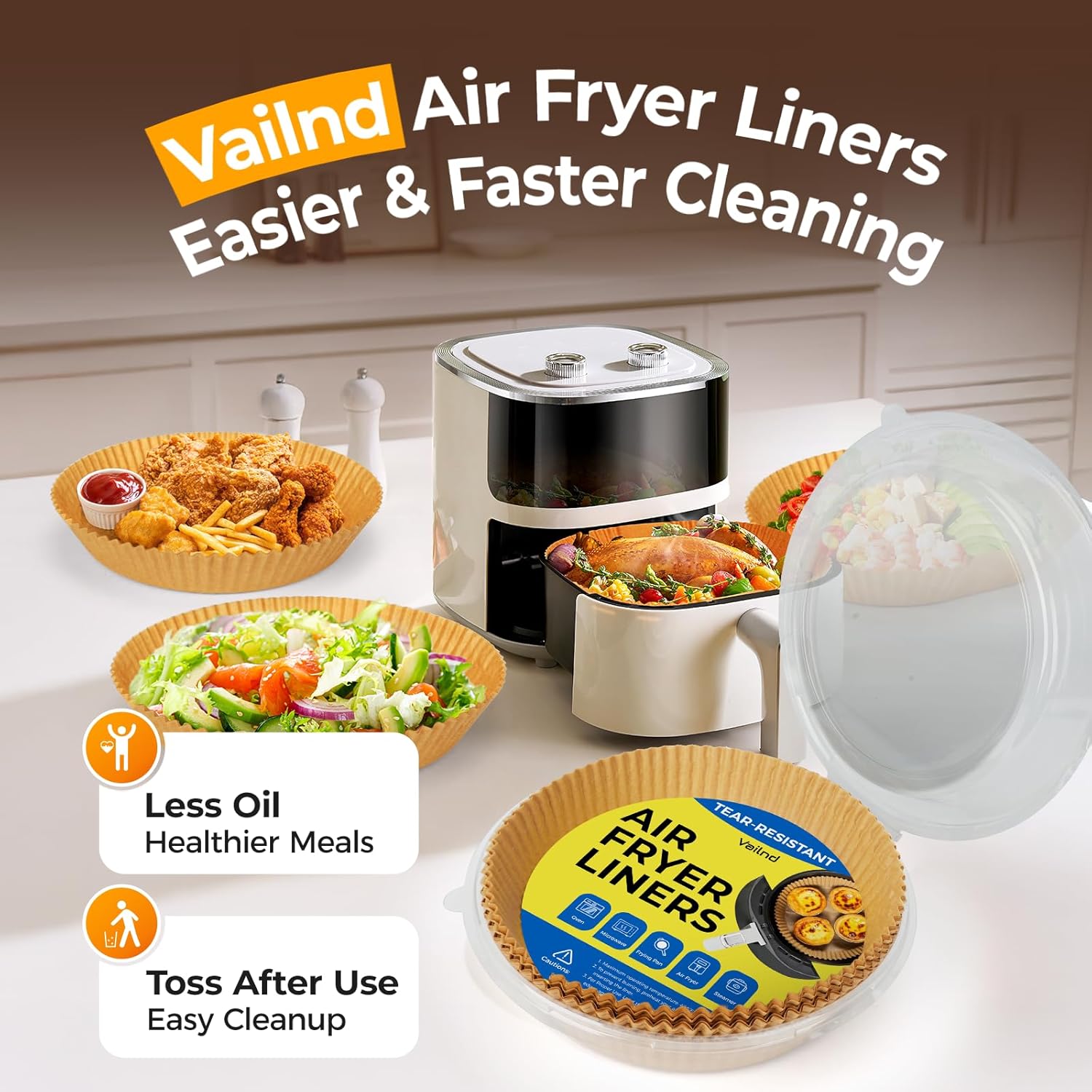 Vailnd Disposable Air Fryer Liners - 150 Pcs Heavy-Duty Non-Stick Parchment Paper | 8" Round for 5-8 Qt Baskets