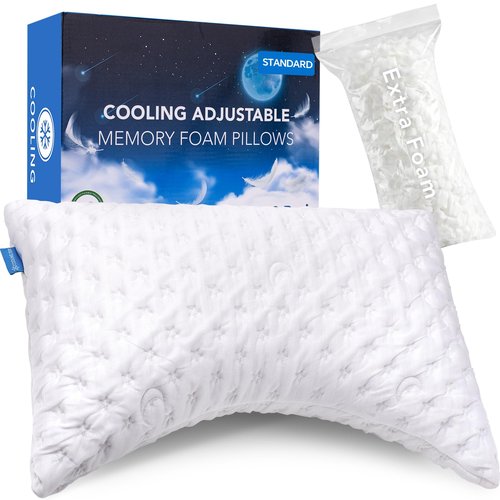 KUCEY Cooling Side Sleeper Pillow for Neck and Shoulder Pain, Luxury Shredded Memory Foam Curved Bed Pillows for Sleeping Set of 1- Adjustable Standard Size- Washable Cover Crescent White