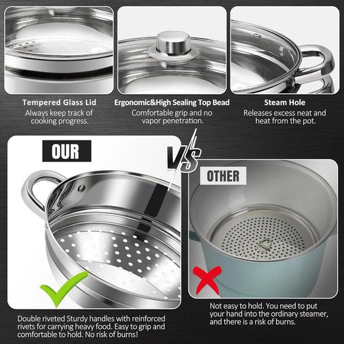 KroWallu 6 QT Stainless Steel Cookware Set, 3-Piece Multipurpose Stock Pot with Steamer Pot and Tempered Glass Lid, Stainless Steel Handle, Work with Gas Electric Induction Stove