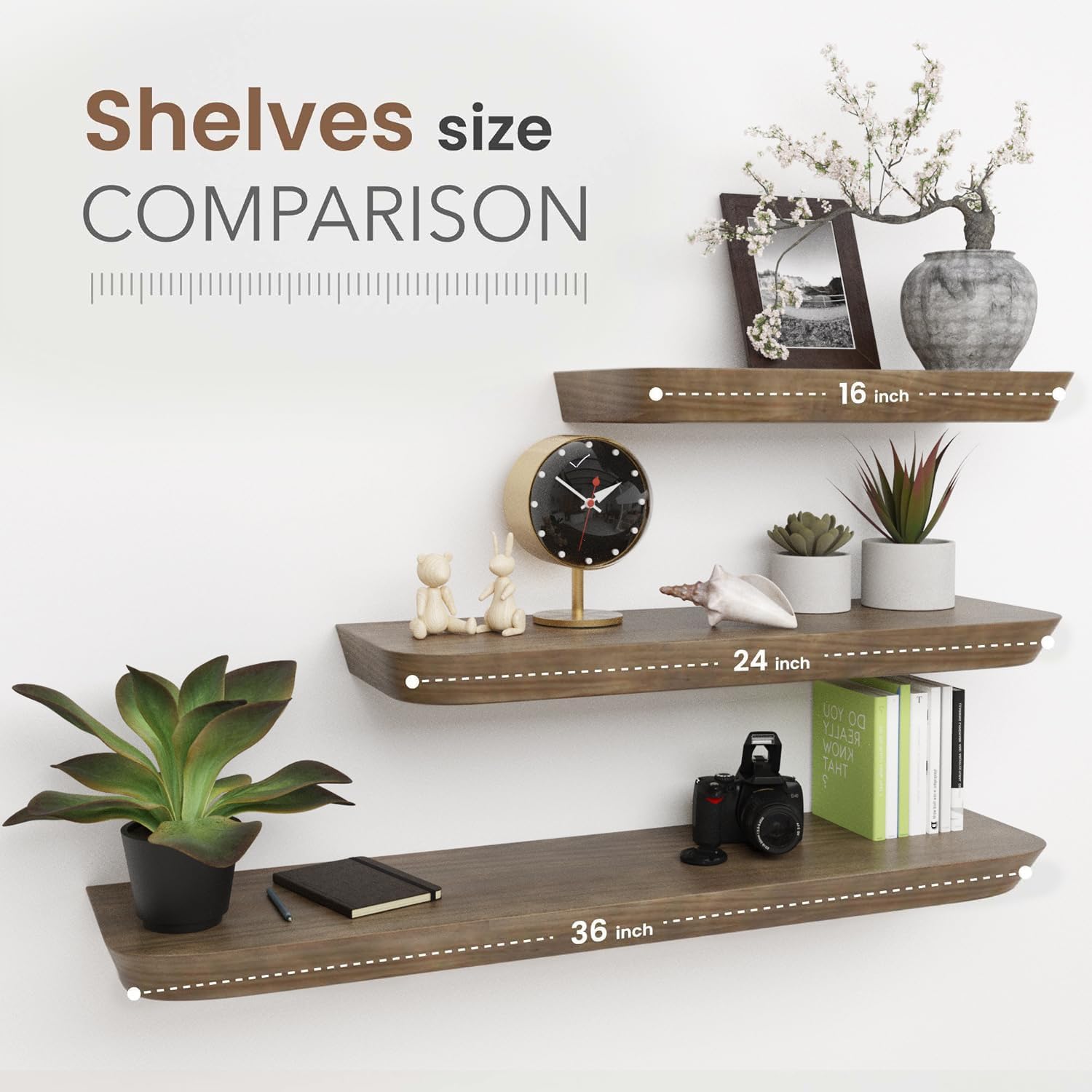 Wood Floating Shelves | 16-Inch Set of 2 - Stylish Bathroom & Living Room Storage - American Walnut Finish