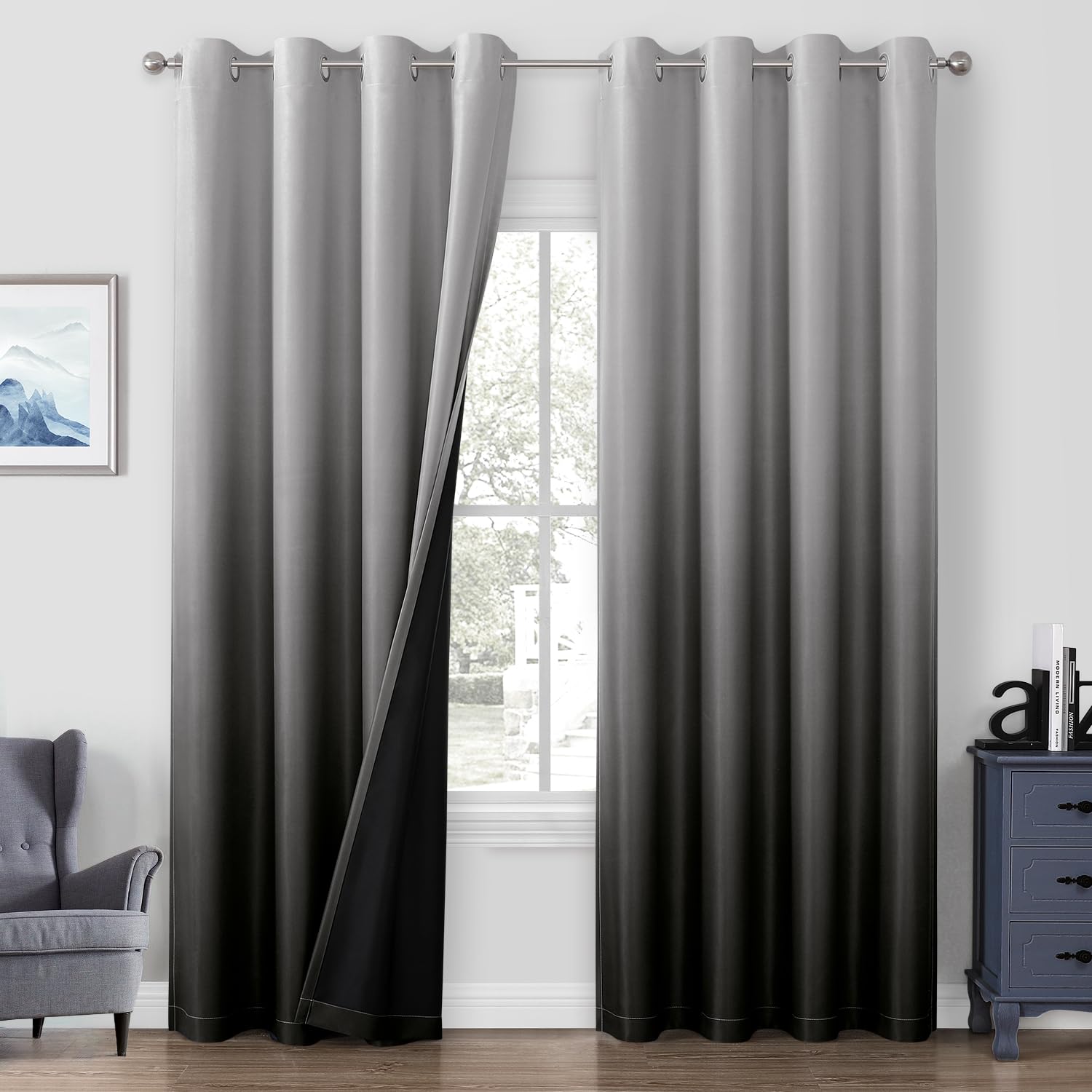 HOMEIDEAS Black 100% Ombre Blackout Curtains for Bedroom, 52 X 84 Inches Long Room Darkening Gradient Light Blocking Thermal Insulated Grommet Drapes for Living Room, 2 Panels