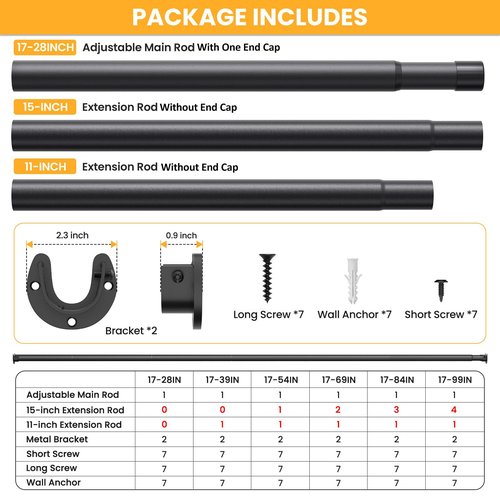 Closet Rods for Hanging Clothes, 17-69 Inch No-Cut Stepless Adjustable Closet Rod, 1.3 Inch Heavy Duty Metal Closet Hanging Rod with Brackets, Black Closet Bar for Closet, Laundry Room, RV, Wardrobes