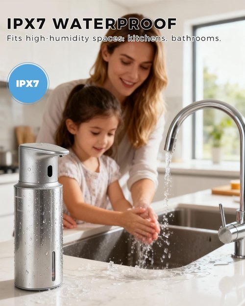 DODO MEKIA Automatic Liquid Soap Dispenser Touchless, 304 Stainless Steel Bottle Body &16.2oz/480ml Rechargeable, 3 Adjustable Liquid Levels, IPX7 Waterproof, for Kitchen Bathroom, Stainless Steel