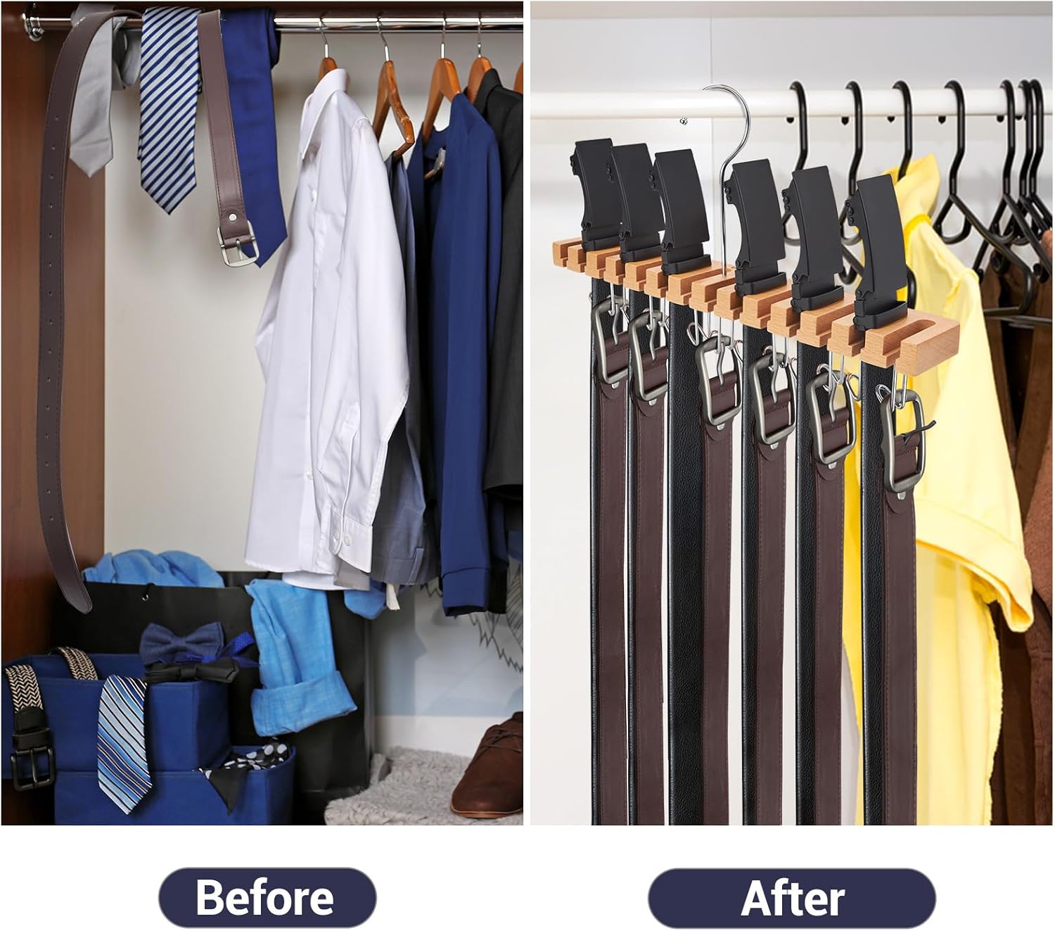 Ohuhu Belt Hanger Organizer - 2-in-1 Wall Mount with 14 Slots & 13 Hooks | 360° Rotating Wooden Storage for Belts, Ties & Scarves
