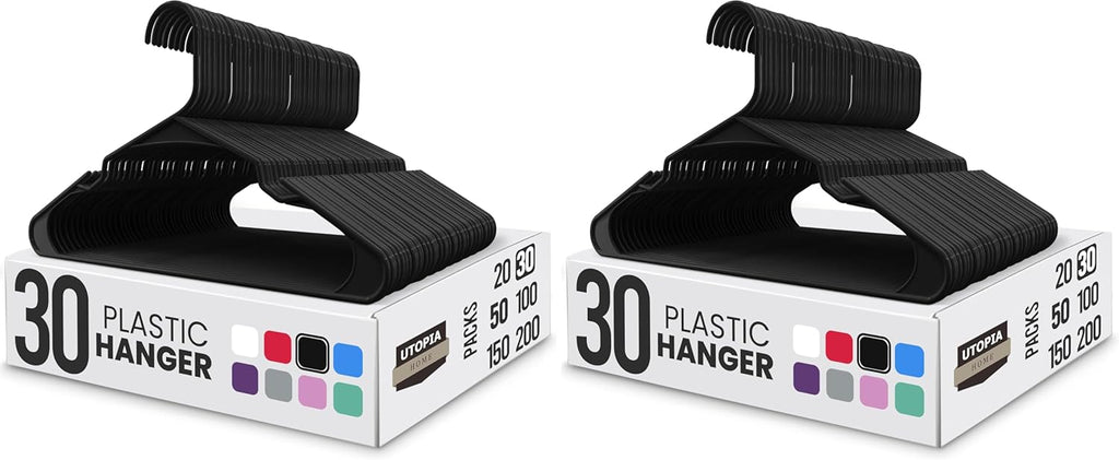 Utopia Home Clothes Hangers - Durable Space-Saving Plastic Coat Hangers with Shoulder Grooves | 60 Pack (Black)