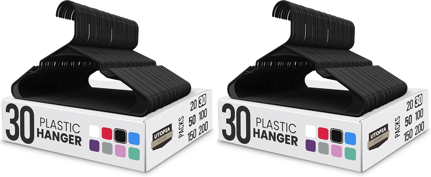 Utopia Home Clothes Hangers - Durable Space-Saving Plastic Coat Hangers with Shoulder Grooves | 60 Pack (Black)