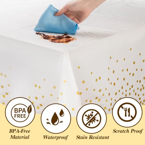 Goodluck 352 Pieces Gold Dinnerware Set for 50 Guests, Thanksgiving Square Plastic Plates with Gold Trim, Include: 100 Plastic Plates, 50 Rolled Napkins, 50 Cups, 50 Cutlery Set and 2 Tablecloth