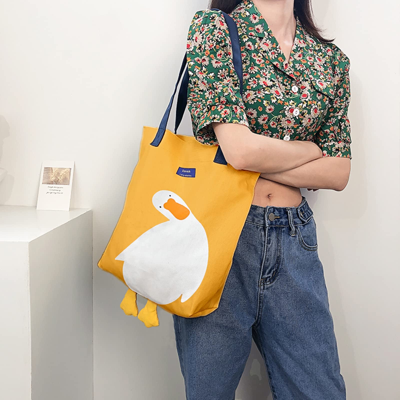MEETPET Cute Canvas Tote Bag for Women Reusable Cotton Cloth Bag for Lunch Grocery Shopping and Beach with 3D Duck Design (Shoulder Carry Yellow Duck)
