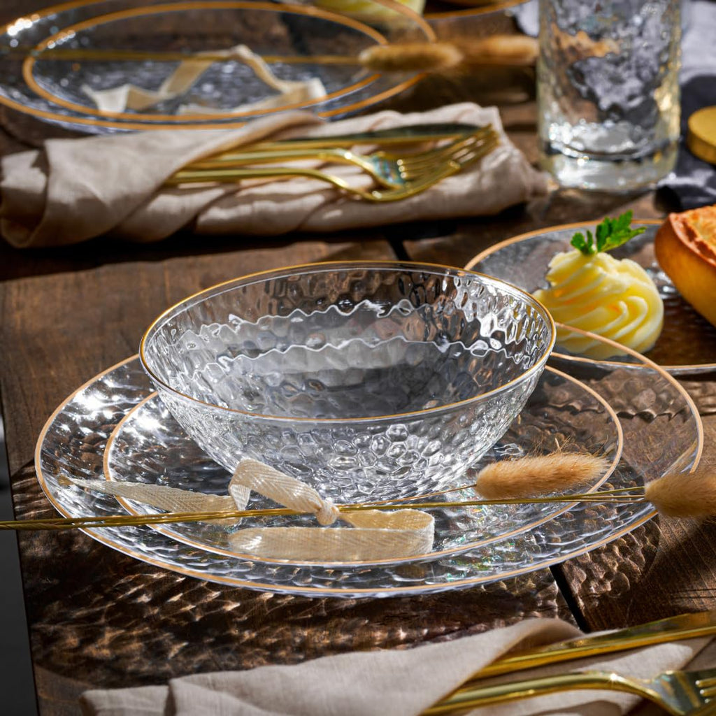 R-kay 100 Pack Clear Plastic Plates For Wedding - 10 IN Hammered Gold Rimmed Sturdy, Durable And Extra Heavy duty Gold Plastic Plates For Party - Bulk Disposable Plates For Weddings