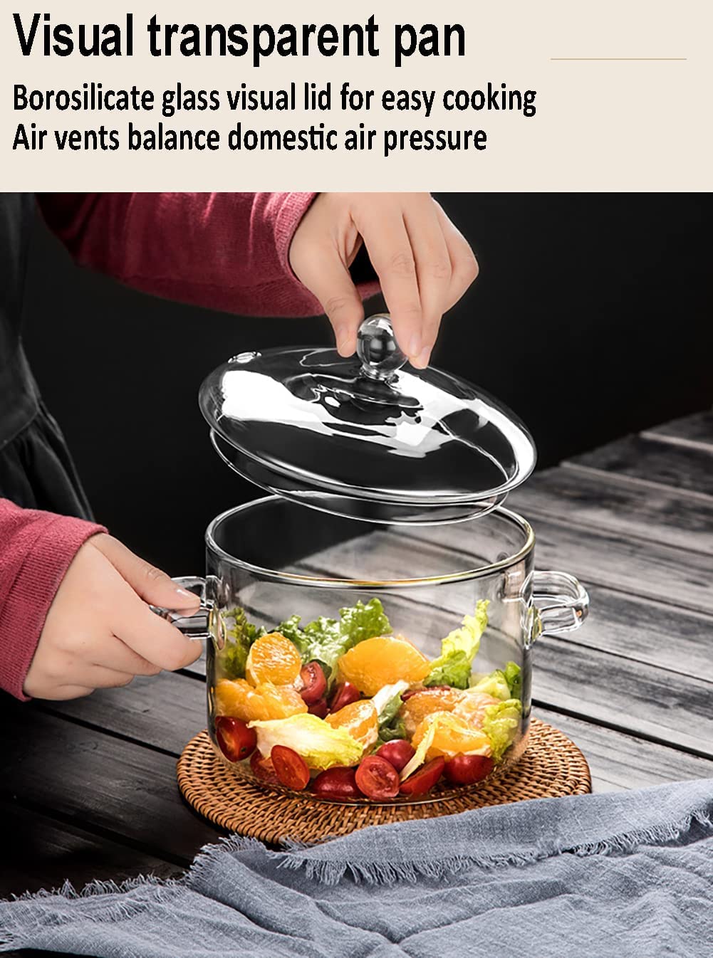 Glass Cooking Pot - 2L/67oz Heat-Resistant Borosilicate Glass Handmade Cookware Set stovetop Pot - Safe for Pasta Noodle, Soup, Milk (1900ml - Double-handled pot)