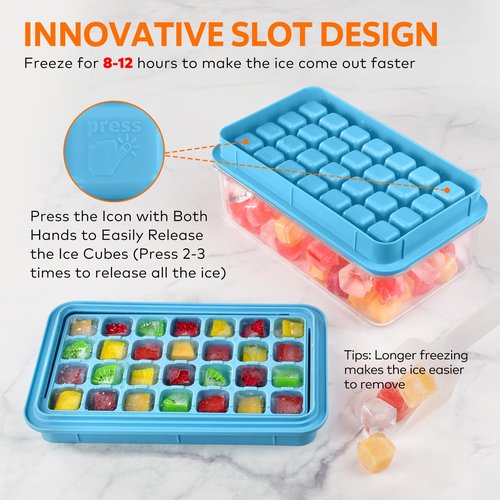 Longzon Ice Cube Tray with Lid and Bin, 56 Pcs Ice Cube Trays for Freezer, Ice Cube Mold, Ice Molds Spill-Resistant Removable Lid & Ice Scoop, Ice Mold for Whiskey Cocktail, Tea, Coffee -Blue
