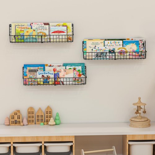 X-cosrack 24 Inch Wall Mounted Kids Bookshelf, Floating Metal Book Shelves for Kids Nursery Toddler Classroom, Hanging Book Shelf Organizer for Room Decor, Black, Set of 4