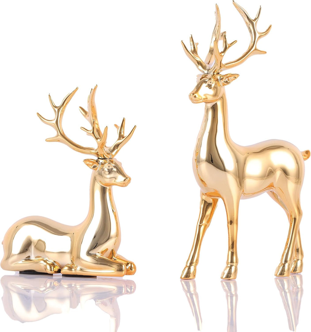 Suruim Gold Reindeer Christmas Decor Set - Elegant Deer Figurines for Table & Home Decor | 2 Pcs