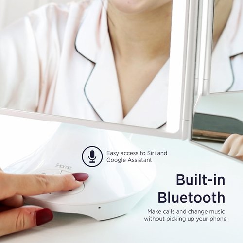 iHome Vanity Mirror with Lights and Wireless Speaker, Trifold Mirror with USB Charging (iCVBT40)