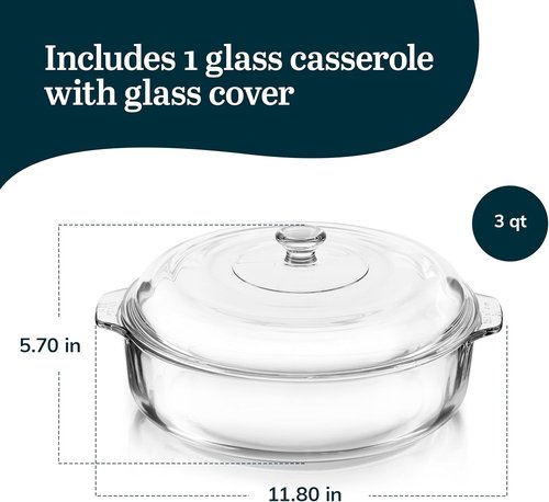 Libbey Round Casserole Dish - Elegant Glass Bakeware with Lid | Stackable for Oven & Microwave