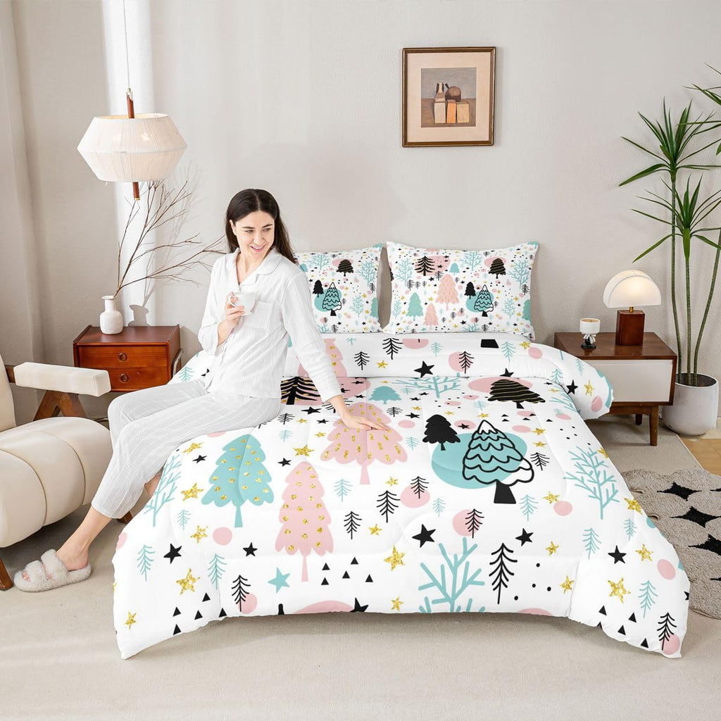Xmas Comforter Set Queen Size Merry Christmas Bedding Winter Themed Bedding Comforter Sets Pine Snowflake Print Duvet Sets for Boys Girls Kids Happy New Year Gifts Christmas Decor Quilt 3 Piece