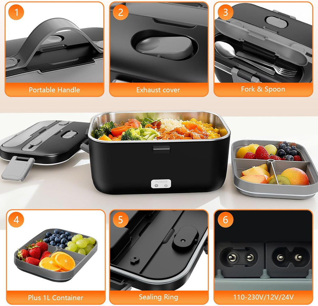 Skiennix Electric Lunch Box - 2.8L Double Layer Food Heater for Home, Office & Car - Black