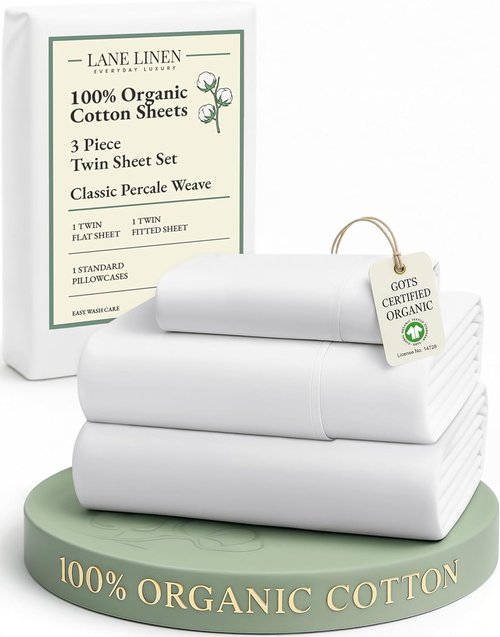 LANE LINEN 100% Organic Cotton Twin Sheets Set - Soft, Breathable Percale Bedding for Dorm Rooms | White, 3-Piece Set