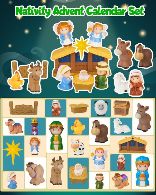 Nativity Advent Calendar 2025 - Christian Story Playset for Kids | 25-Piece Nativity Scene Set for Ages 1-6+