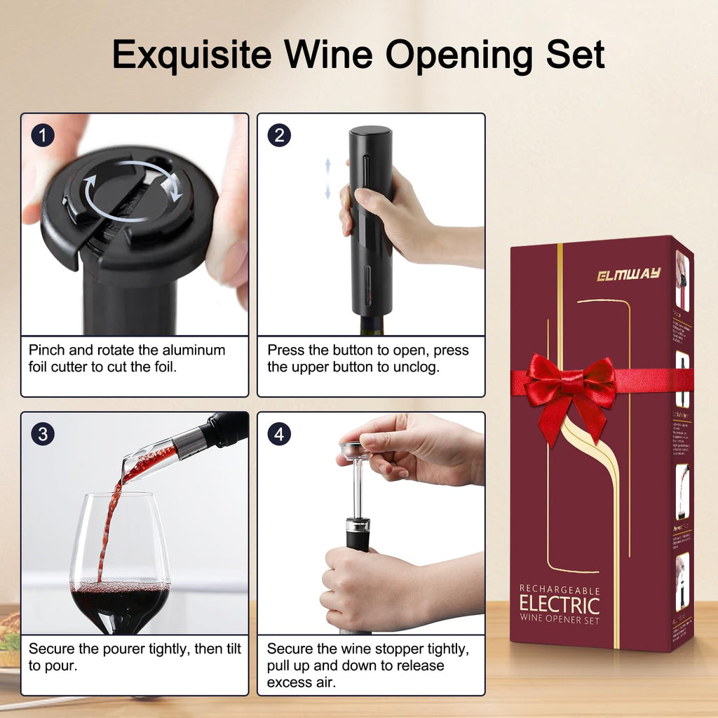 ELMWAY Electric Wine Opener Set by ELMWAY - Rechargeable Wine Bottle Opener & Corkscrew with Foil Cutter / 4 x Vacuum Stoppers/Premium Wine Aerator Pourer, Ideal Wine Gifts for Wine Lovers - Black