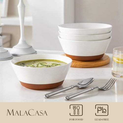 MALACASA Ceramic Soup Bowls Set of 4 - 36oz Speckled Deep Bowls for Ramen, Cereal & More | Microwave & Dishwasher Safe