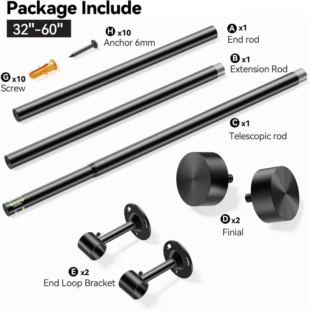 YaFex Heavy Duty Curtain Rod - Adjustable 32-60 Inch Black Rod with Aluminum Finials | Easy Installation