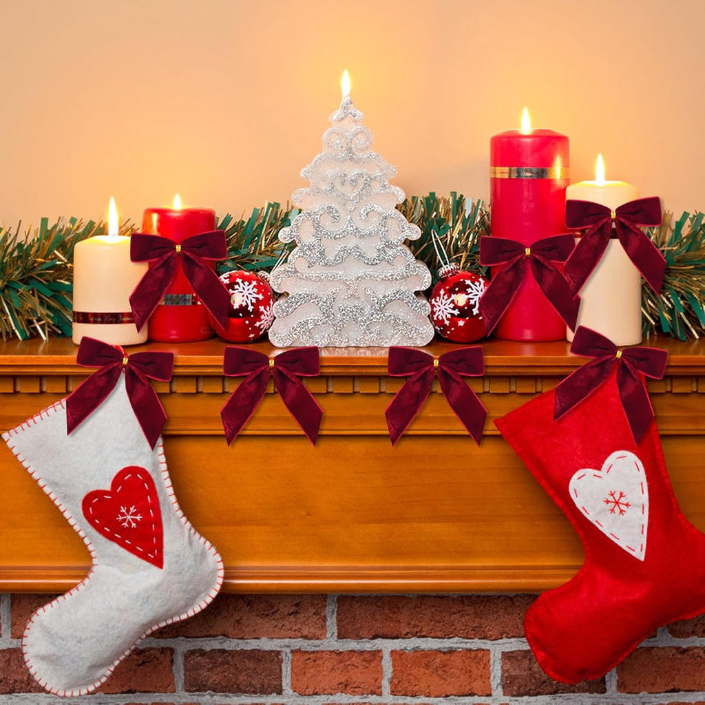 Tsorode Burgundy Velvet Bows - 24 Pcs Dark Red Christmas Tree Ornaments | Rustic Holiday Decor, 3.5 x 3.5 Inch