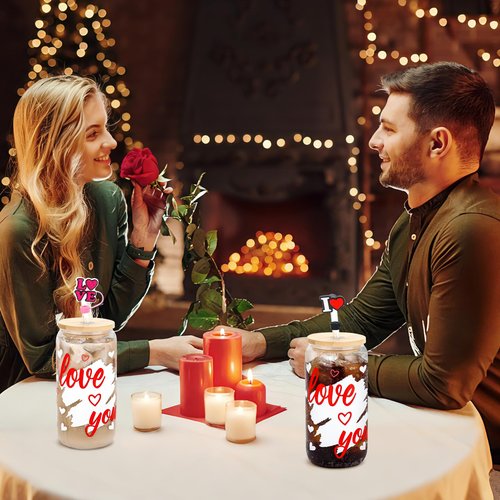 2 Pcs Valentine's Day Glass Cups 16 oz Color Changing Cups with Lids & Straws Iced Coffee Tumbler Drinking Mug with Printed love you Red Heart for Galentines Couple Wedding Anniversary Birthday Gifts