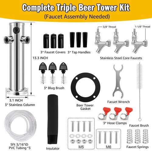 Hgkeke 3 Tap Beer Tower Stainless Core Beer Faucet Kegerator Tower Draft Beer Tap Tower Dispenser Pre-Installed Kegerator Tap Tower Kit with Self-Closing Spring Keg Tap Beer Brewing Kit