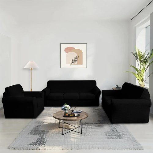 Luxshare Home 4 Pieces Stretch Couch Cover for 3 Cushion Furniture Protector Sofa Covers Washable Pet Dog Friendly Non Slip Cover with Elastic Bottom(72"-92" Sofa 3 Cushion/Black)