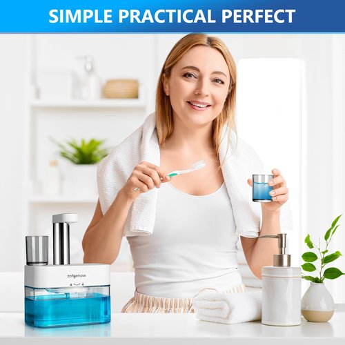 ZOFGENOW Upgraded Automatic Mouthwash Dispenser for Bathroom,Bathroom Accessories 17.6 FlOz Dispensers with Magnetic Cups,Adjustable Dispensing Levels, Suitable for All Age Groups,White