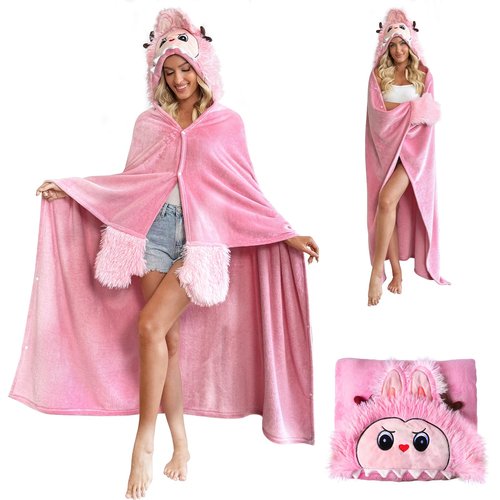 Wearable Blanket Hoodie, Christmas Blanket Hoodie Comfy and Fluffy, Flannel Hoodie Blanket for Women Men Adult Teen, Christmas Gifts for Women, Cozy Warm Soft Fuzzy Hooded Blanket Xmas Gift Ideas-Pink