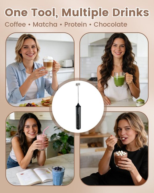 NeoRaydia Rechargeable Electric Milk Frother Handheld, 3-Speed Wireless Preventing Splashing Drink Mixer with Stand, 10-Second Frothing for Coffee, Matcha, Latte, Cappuccino, and Protein Shakes, Black