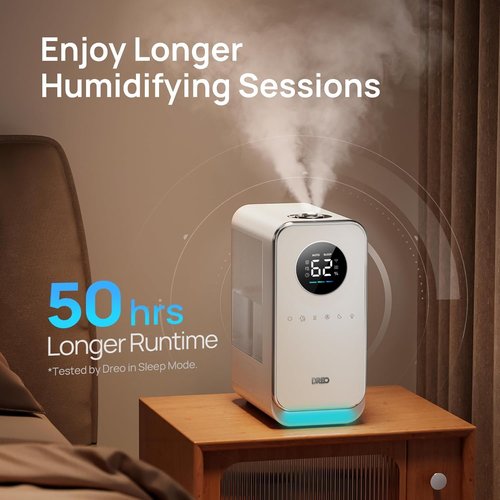 DREO Humidifier - Smart Quiet Cool Mist for Large Rooms | 50-Hour Runtime, Oil Diffuser & Nightlight, White
