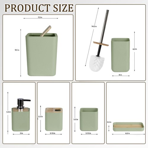 CERBIOR Bathroom Accessories Set 6 Piece Bamboo Bath Ensemble Includes Soap Dispenser, Toothbrush Holder, Toothbrush Cup, Soap Dish for Decorative Countertop and Housewarming Gift (Green)