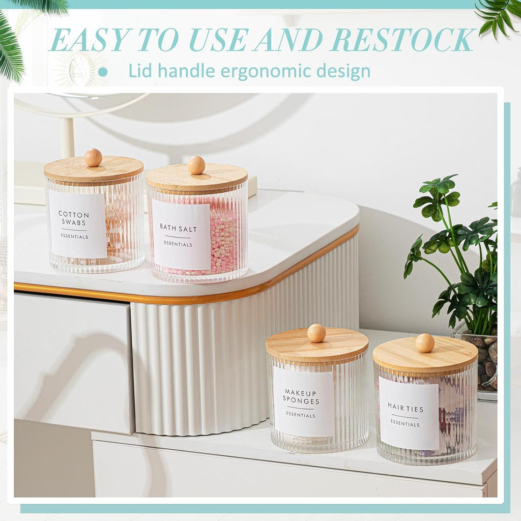 Yaomiao Ribbed Bathroom Canisters - 6 Pcs Apothecary Jars with Bamboo Lids & Labels | 18 oz Plastic Storage
