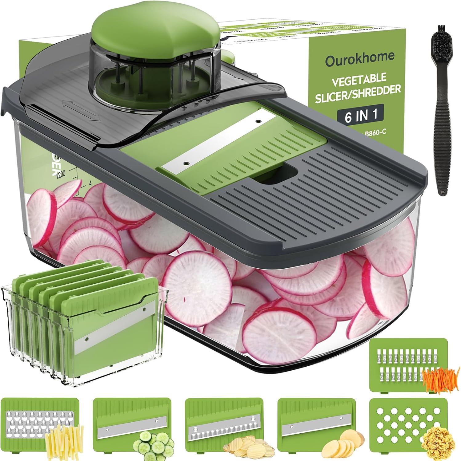 Ourokhome Mandolin Slicer - 6-in-1 Vegetable Shredder with Safety Features | Gray Color, Ideal for Potatoes, Carrots, Zucchini, and Onions