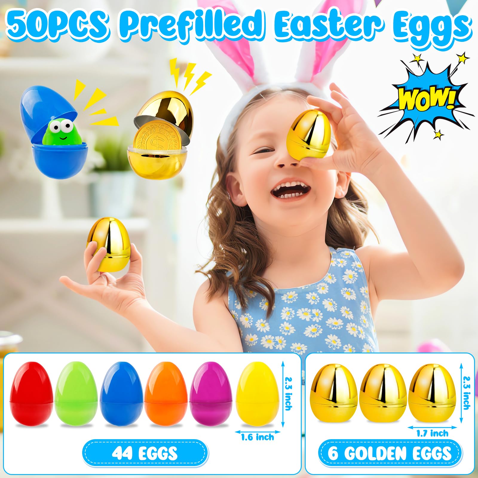 Adisher [ 6 Surprise Golden Eggs ] 100 PACK Prefilled Easter Egg Fillers, Easter Basket Stuffers 100 Plastic Eggs with Assorted Toys Party Favors Classroom Prizes Supplies for Kids Toddler Boys Girls