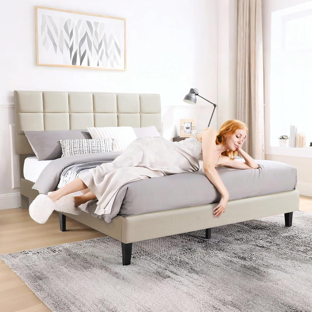 Susalt Queen Size Bed Frame - Upholstered Linen Headboard, Wooden Slats, Easy Assembly, 1000LBS Capacity | Beige