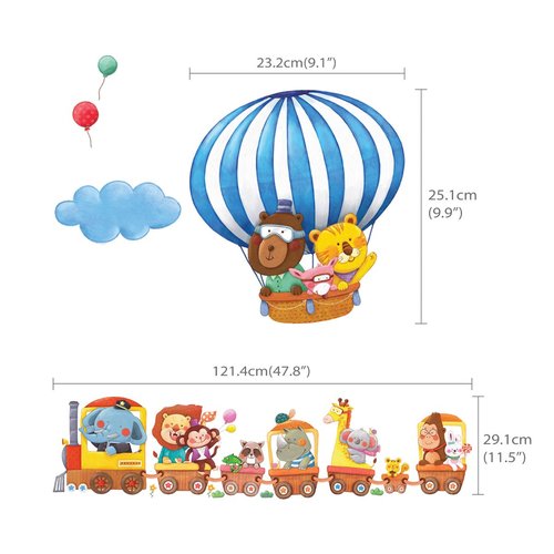 DECOWALL DA4-1406 Animal Train and Hot Air Balloons Kids Wall Stickers Wall Decals Peel and Stick Removable Wall Stickers for Kids Nursery Bedroom Living Room décor