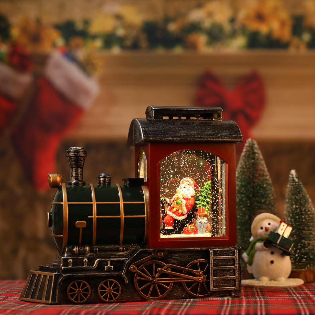 Santa Red Train Snow Globe Lantern | Glittering Light-Up Musical Christmas Decoration, 6-Hour Timer, USB & Battery Operated