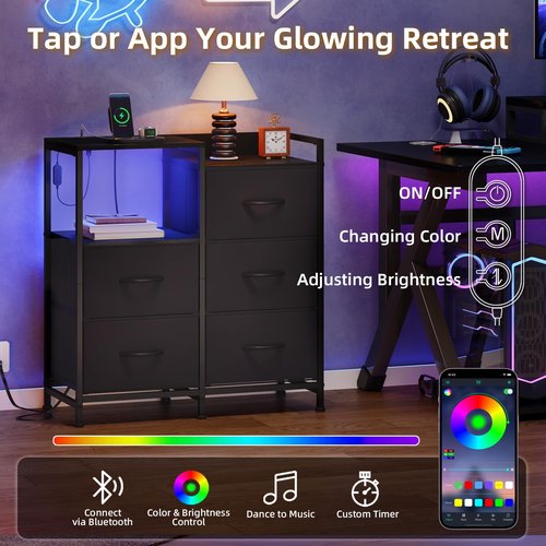 Somdot Black Nightstand with Charging Station and LED Light, Wide 5 Drawers Dresser for Bedroom with Fabric Bins and Open Shelf for Bedroom Kids Closet Dorm Guest Room, Black