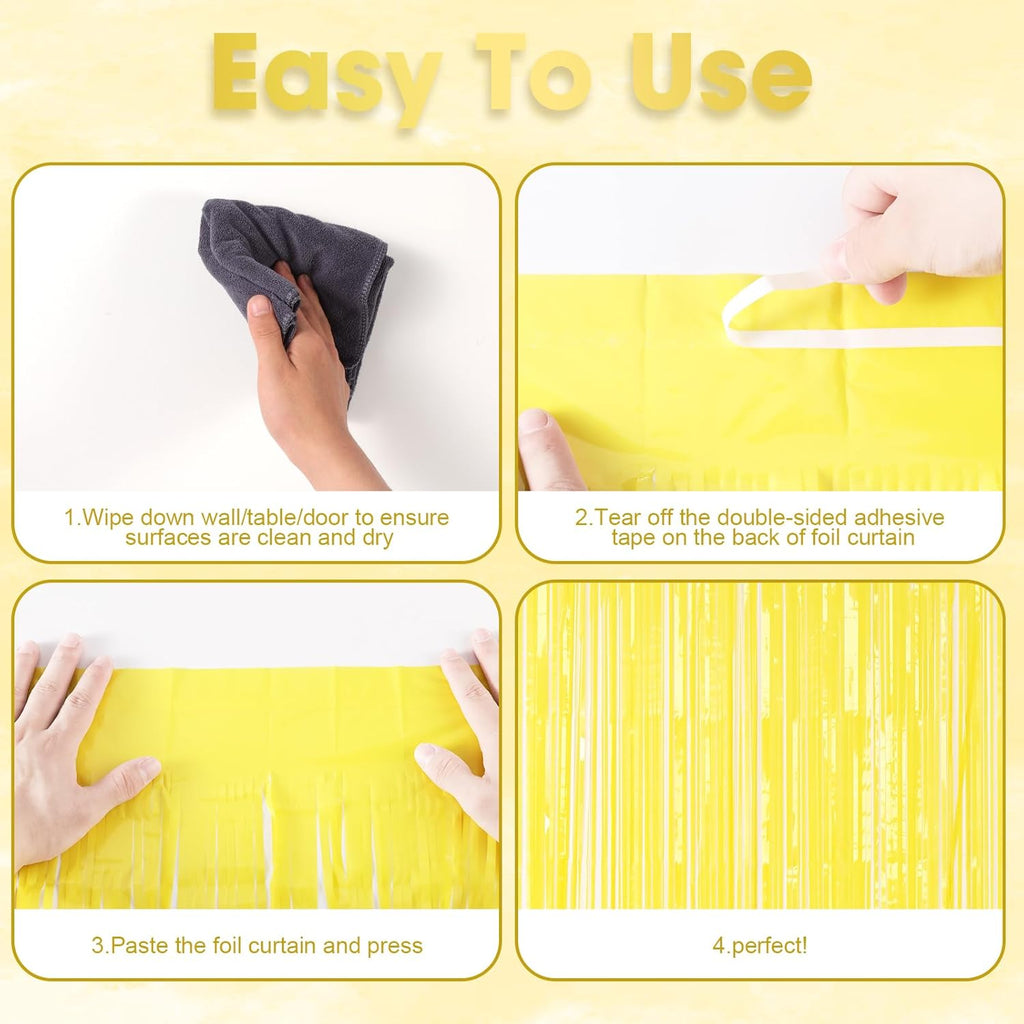 Voircoloria Foil Fringe Backdrop Curtains - 3 Pack of 3.3 x 8.2 ft Pastel Yellow Tinsel Streamers for Parties