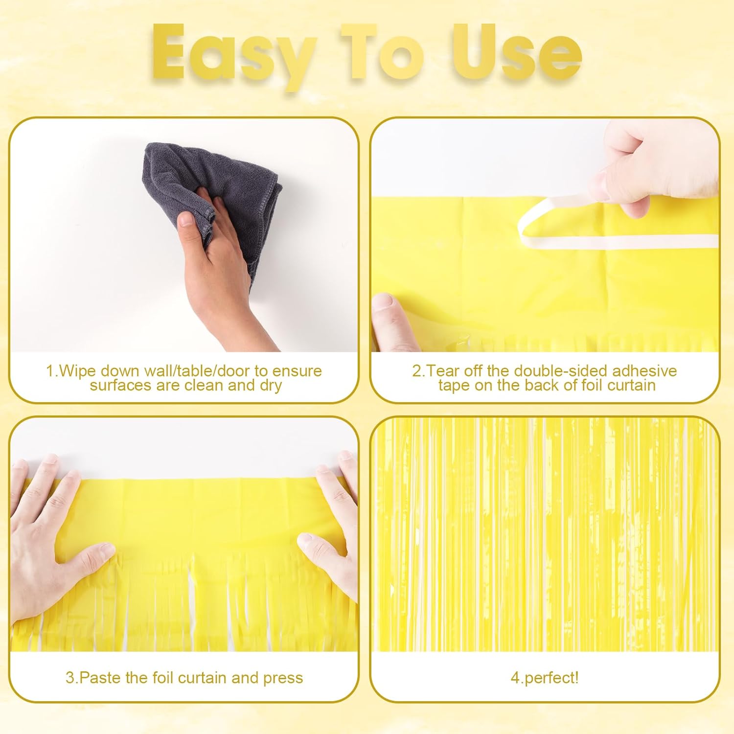 Voircoloria Foil Fringe Backdrop Curtains - 3 Pack of 3.3 x 8.2 ft Pastel Yellow Tinsel Streamers for Parties