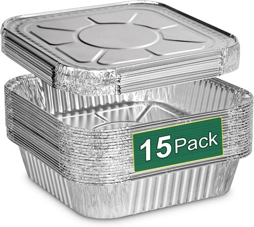 Heavy-Duty Aluminum Foil Pans with Lids by [Brand Name] | 8x8 Inch, 15 Pack - Reusable & Leakproof Baking Trays