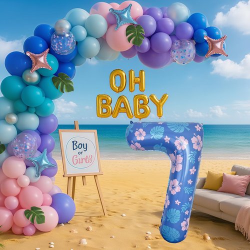 40 Inch Pastel Blue and Pink Number 7 Foil Metallic Balloon for Kids' Hawaii Cartoon Birthday Party Decorations
