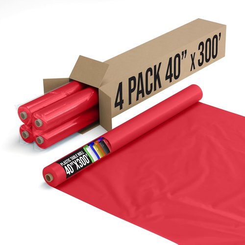 Exquisite Red Plastic Table Cover Roll - Premium 0.5 MIL Thick, 40" x 300' | 4 Pack Disposable Tablecloths