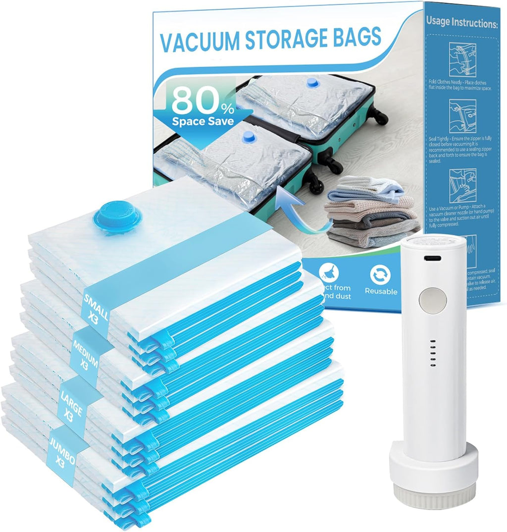 Skiennix Vacuum Seal Bags - 12 Pack Space-Saving Storage Bags with Portable Electric Pump for Travel