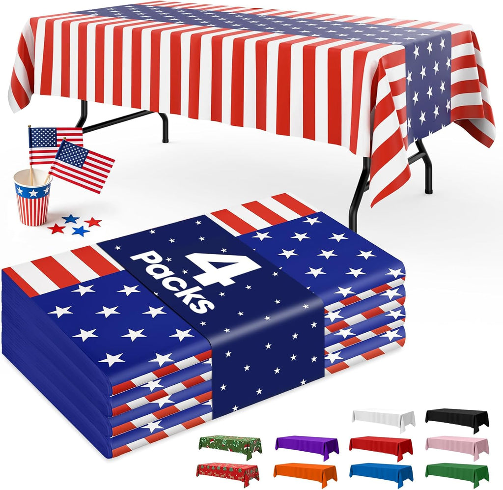 Niuara American Flag Tablecloths - 4 Pack Disposable 54" × 108" Rectangle Covers for Parties & Holidays
